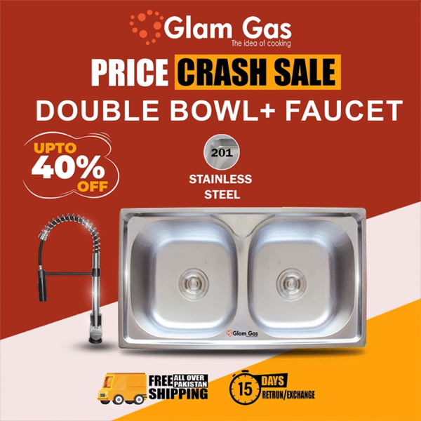 glam gas combo deal – sink f 02 with ring 11 faucet | premium double bowl kitchen sink