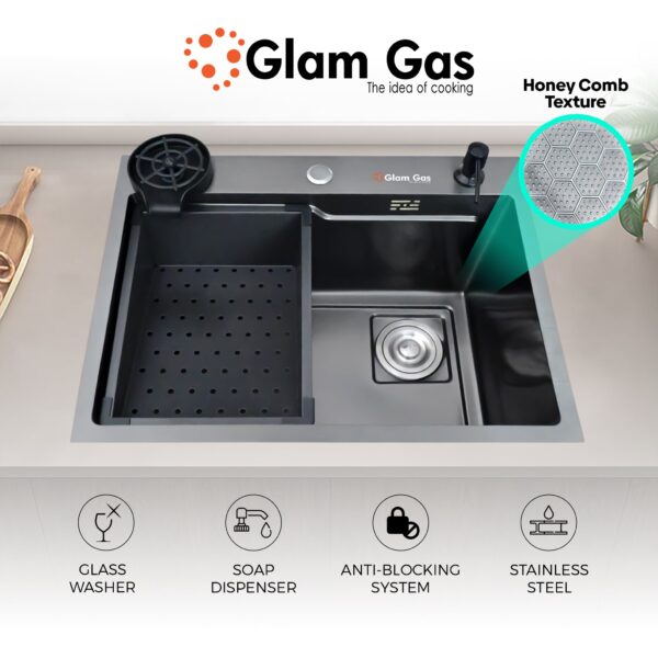 glam gas sink life style 6 6 bk texture | stainless steel sink | kitchen sink | single kitchen bowl | kitchen basin