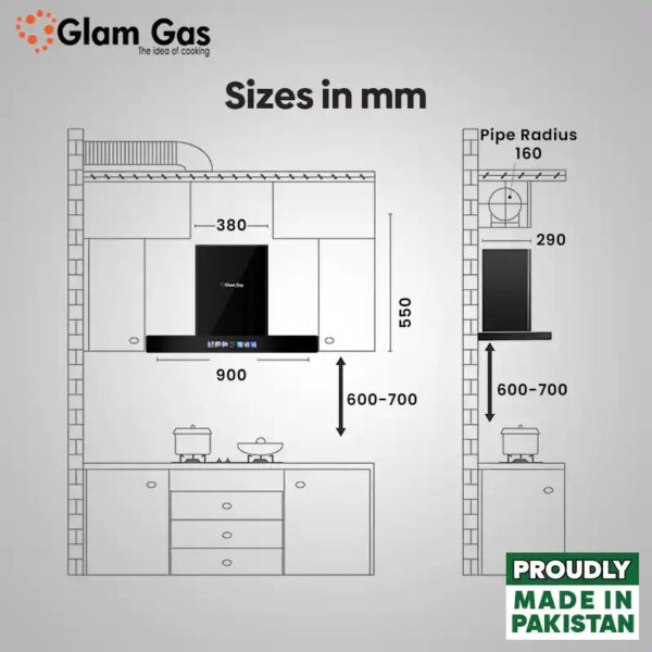 glam gas range hood | thunder 11 | kitchen hood | t shape chimney | 75,90 cm