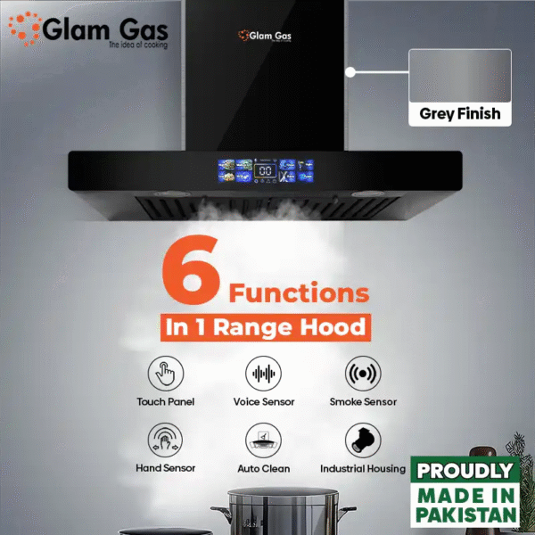 glam gas range hood | thunder 12 | kitchen hood | t shape chimney | 75,90 cm
