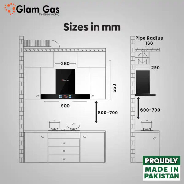 glam gas range hood | thunder | kitchen hood | t shape chimney | 75,90 cm
